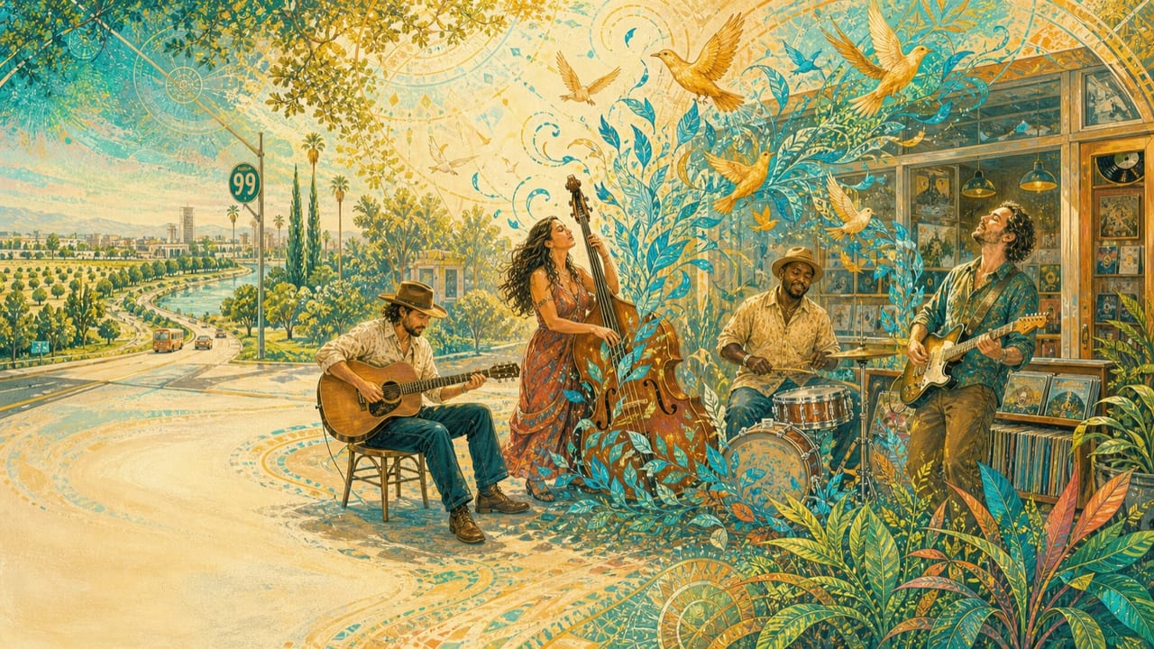 Why Are All the Love Songs So Sad — Adult musicians outside a sunny Merced record shop release blue teardrop flowers from their instruments that transform into golden birds