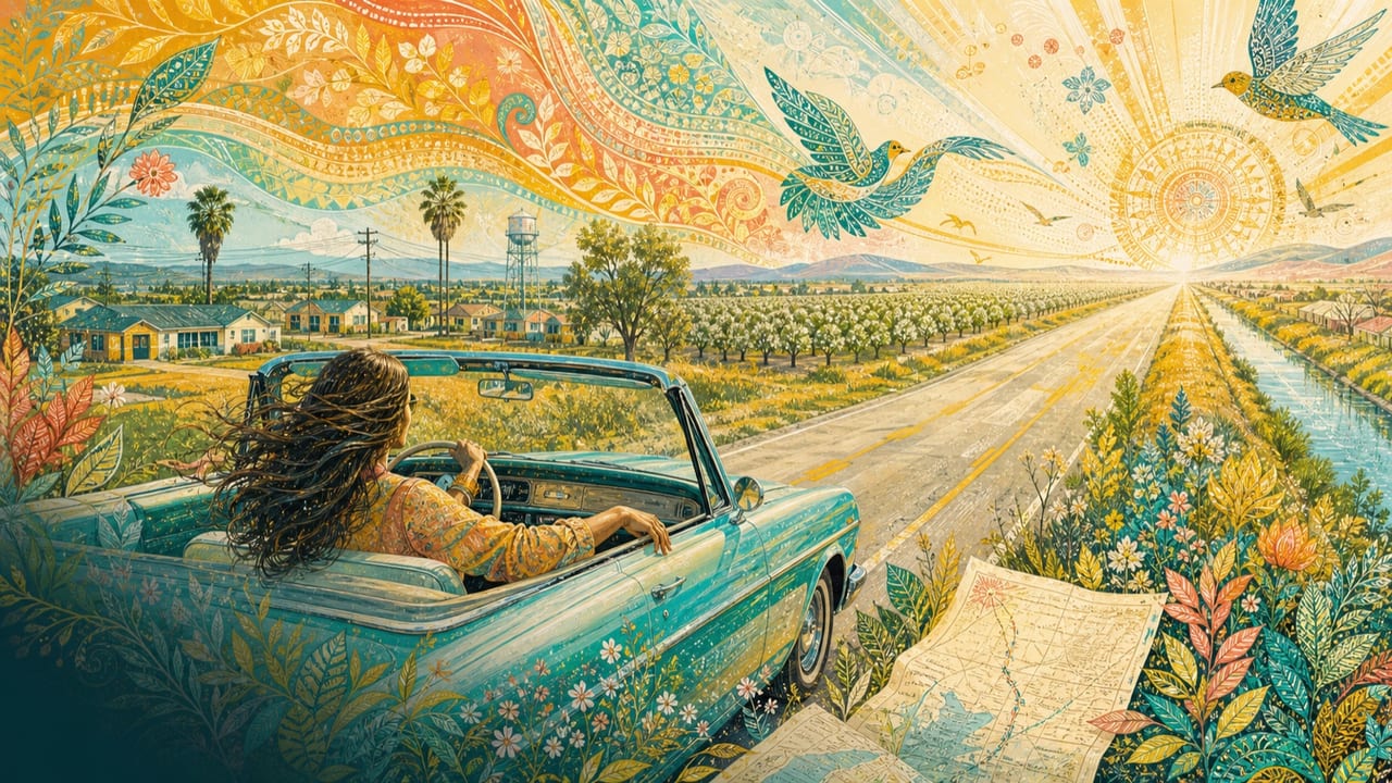 Off Somewhere (Donna's Song) — An adult woman drives a turquoise convertible along an open Central Valley road toward a glowing unknown horizon beneath patterned birds