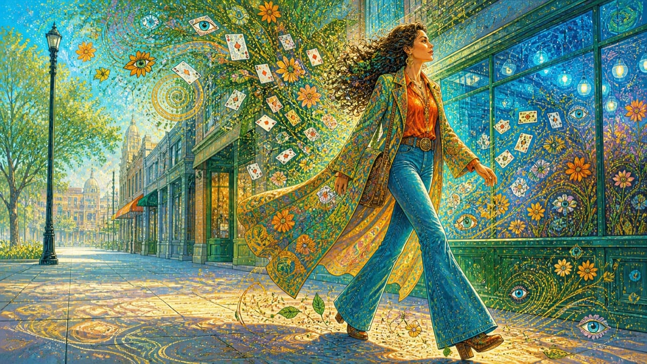 Crazy Little Girl — A spirited adult woman strides through downtown Merced while cards, mirrored eyes, flowers and shifting green-blue light whirl around her