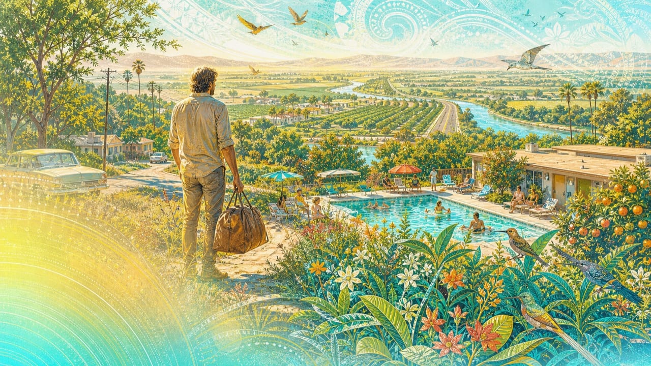 Paradise Is Waiting — An adult traveler reaches a radiant Central Valley overlook where an ordinary motel pool, orchard, river and open road align into paradise