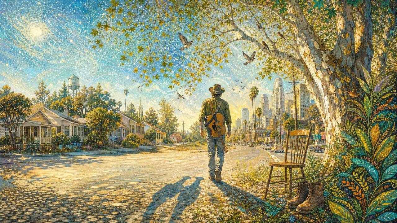 Brother Tom — A rambling adult songwriter walks a radiant road joining Merced and Los Angeles while two companion shadows, boots and an empty chair hold a memory