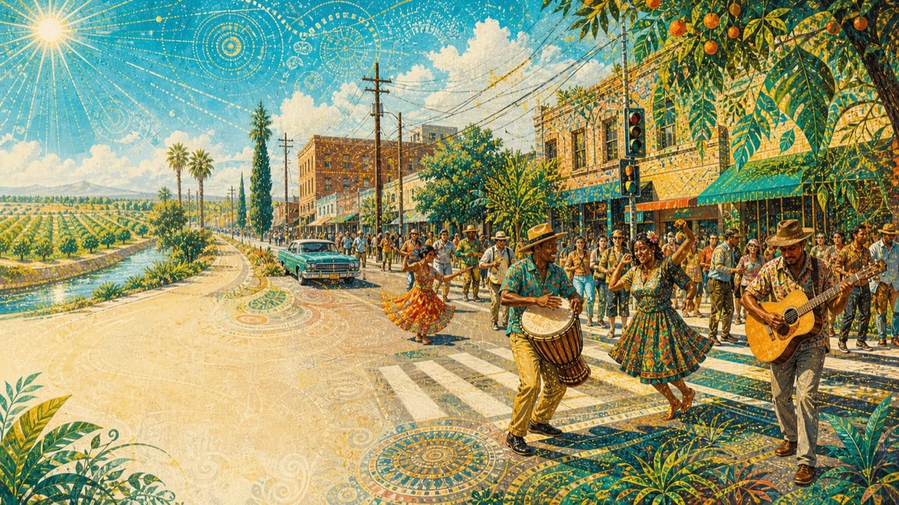 The Beat Is on the Street — Adult drummers, dancers and a roaming guitarist turn a brilliant Merced downtown block into a spontaneous street procession