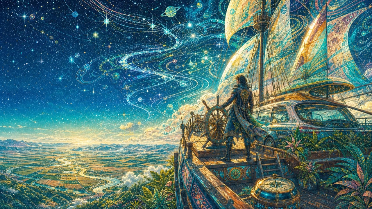 An adult commander navigates a fantastical star-sailing vessel above the Central Valley along constellations shaped like rivers and roads An adult commander navigates a fantastical star-sailing vessel above the Central Valley along constellations shaped like rivers and roads