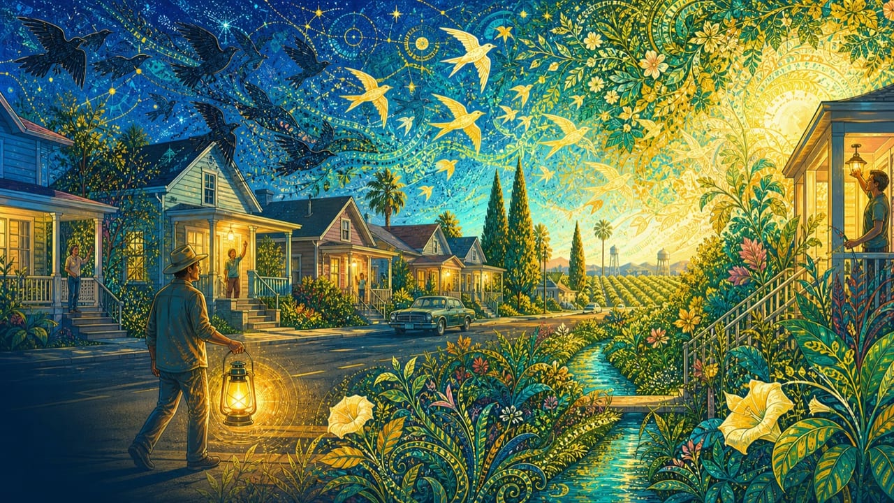 I Don't Like the Dark — An adult carries a glowing lantern down a Merced street as neighbors illuminate their porches and dark birds transform into golden swallows above night-blooming flowers