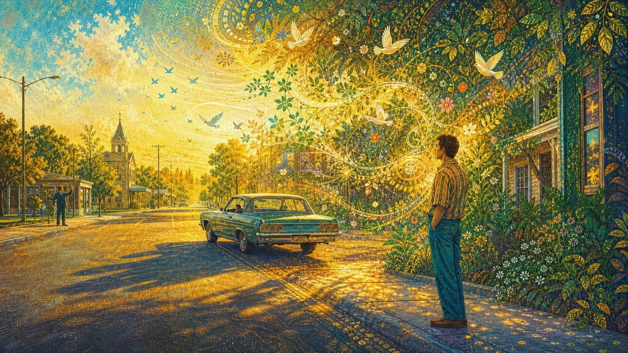 Drive by Spirit — A vintage car rolls through a golden Merced street as a benevolent current of light, birds and flowering vines sweeps past a wondering adult pedestrian