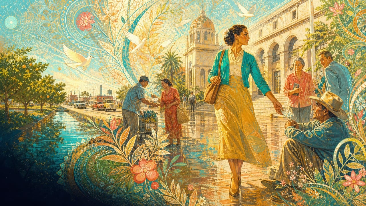 Lady Grace — A poised adult woman crosses a luminous Central Valley civic plaza after rain while small acts of kindness and white birds unfold around her Lady Grace — A poised adult woman crosses a luminous Central Valley civic plaza after rain while small acts of kindness and white birds unfold around her