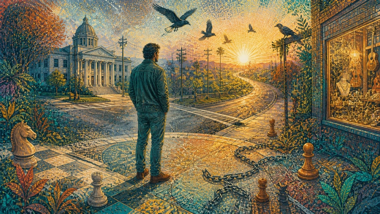 Criminal Instinct — An adult antihero pauses at a Merced crossroads between a courthouse, pawnshop and open highway amid broken chains and chess pieces