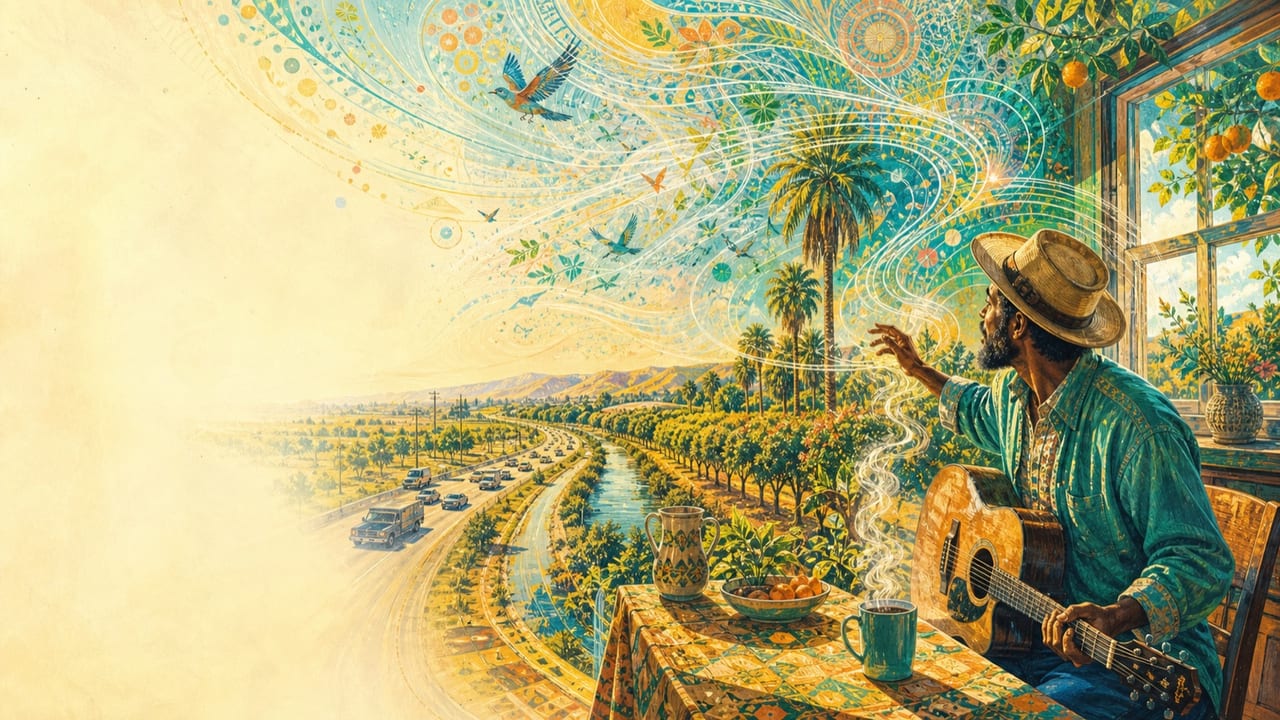 This Theme Was Born Just Now — An adult musician reaches for a guitar at a bright kitchen table as steam, birdsong, traffic rhythm and morning light spiral into a sudden new melody