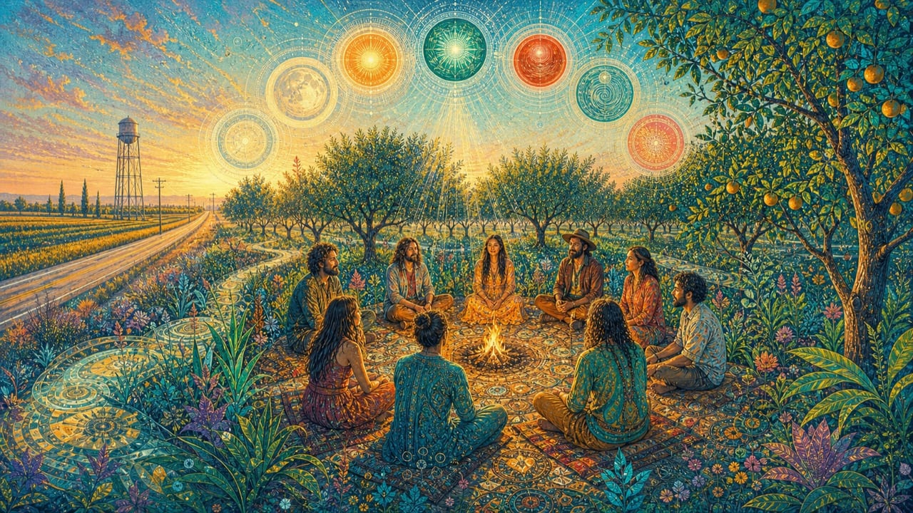 Circle of 9’s — Nine adults sit around a small glowing fire in a Central Valley orchard beneath nine radiant circles of sun, moon, seed and water
