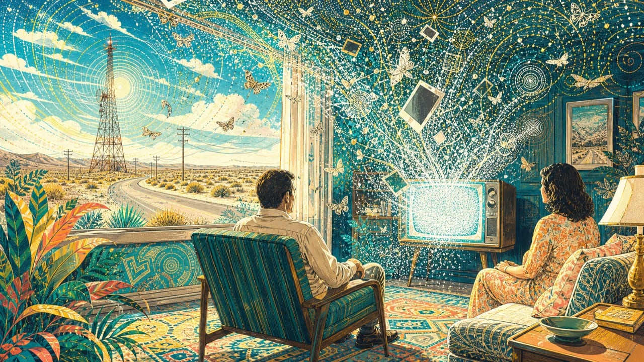 Two adults face a vintage television as white static becomes moths, blank photographs and radio waves beside a bright desert broadcast road Two adults face a vintage television as white static becomes moths, blank photographs and radio waves beside a bright desert broadcast road