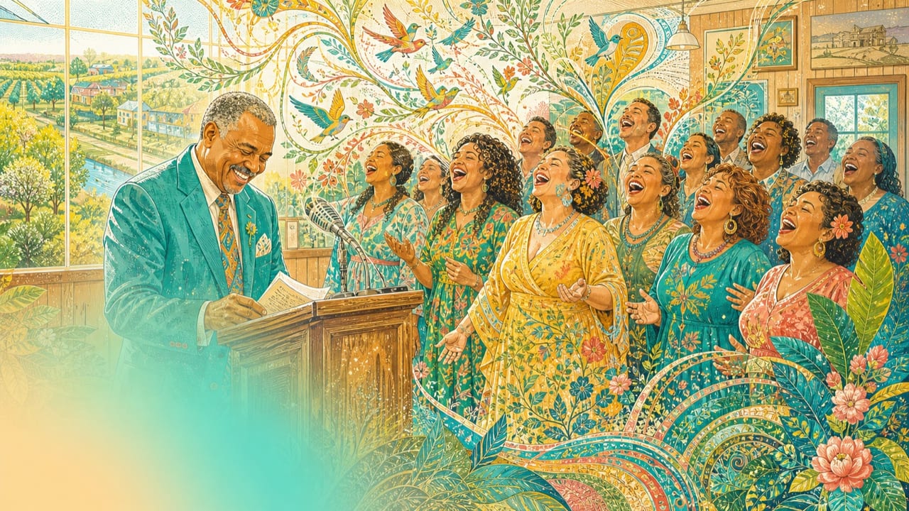 Preaching to the Choir — A joyful adult choir sings back so powerfully in a sunlit Merced community hall that the smiling preacher lowers his notes