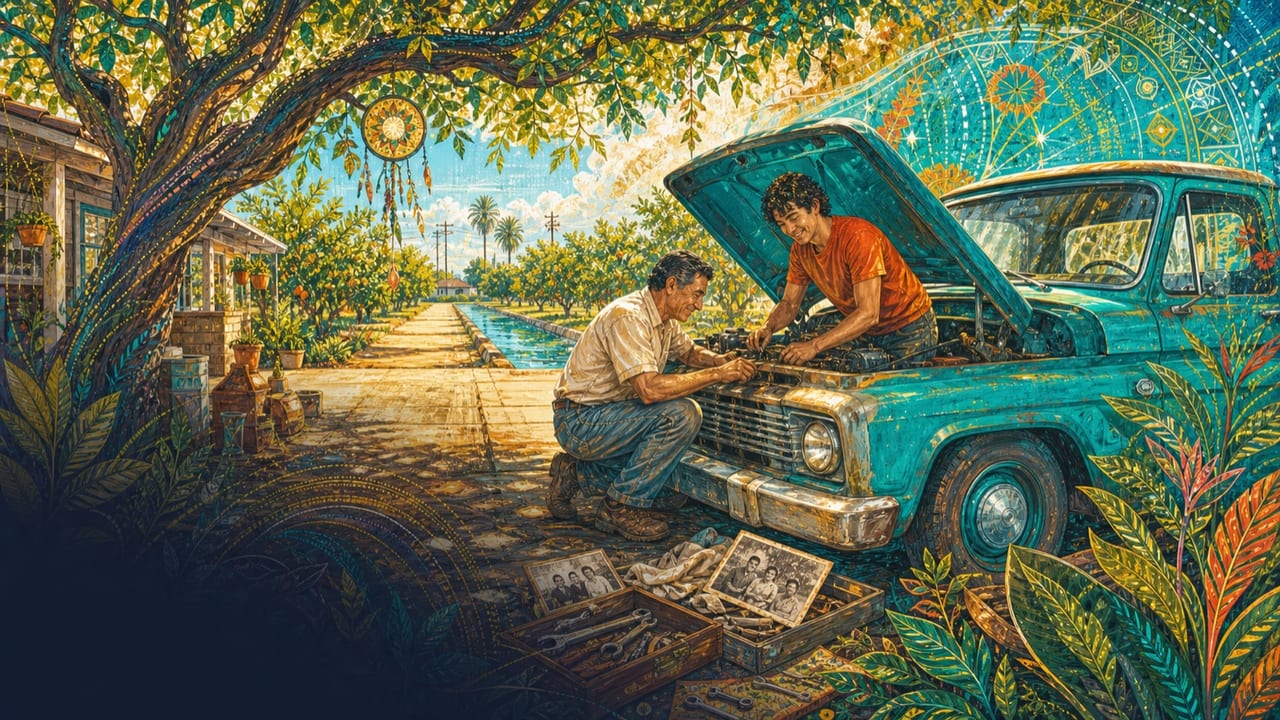 I'm Your Father — An adult father and adult child repair an old turquoise pickup together beneath a shade tree with inherited tools and family photographs