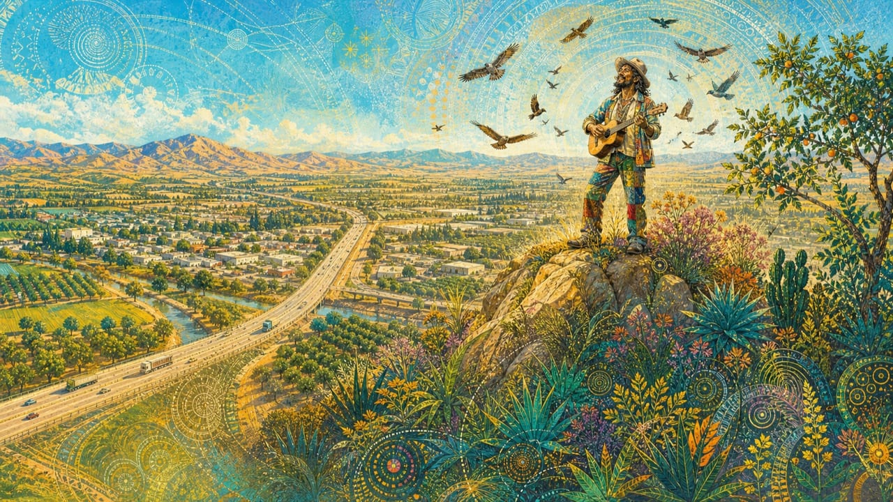 The Fool on the Mountain — A cheerful adult wanderer plays guitar on a Sierra foothill above Merced and Highway 99 while birds circle through a radiant sky