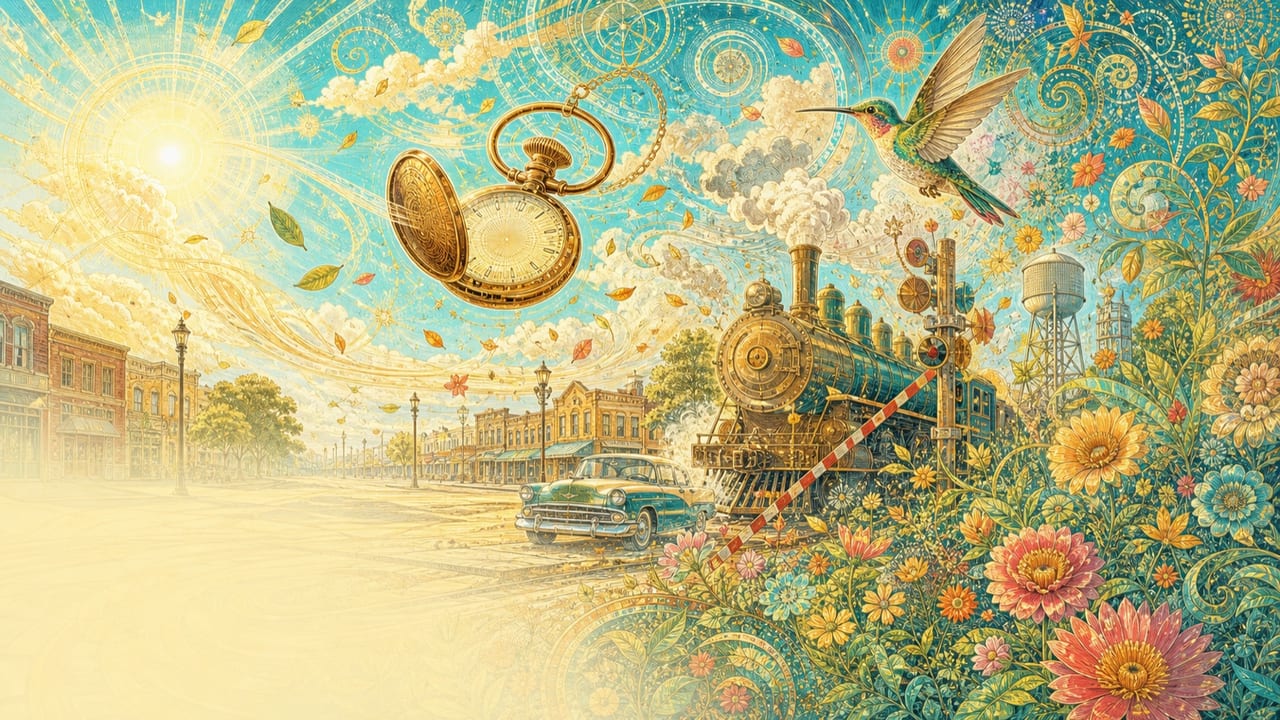 A Moment Out of Time — A bright illustrated Merced railway crossing caught in a suspended instant with a pocket watch, hummingbird and steam train