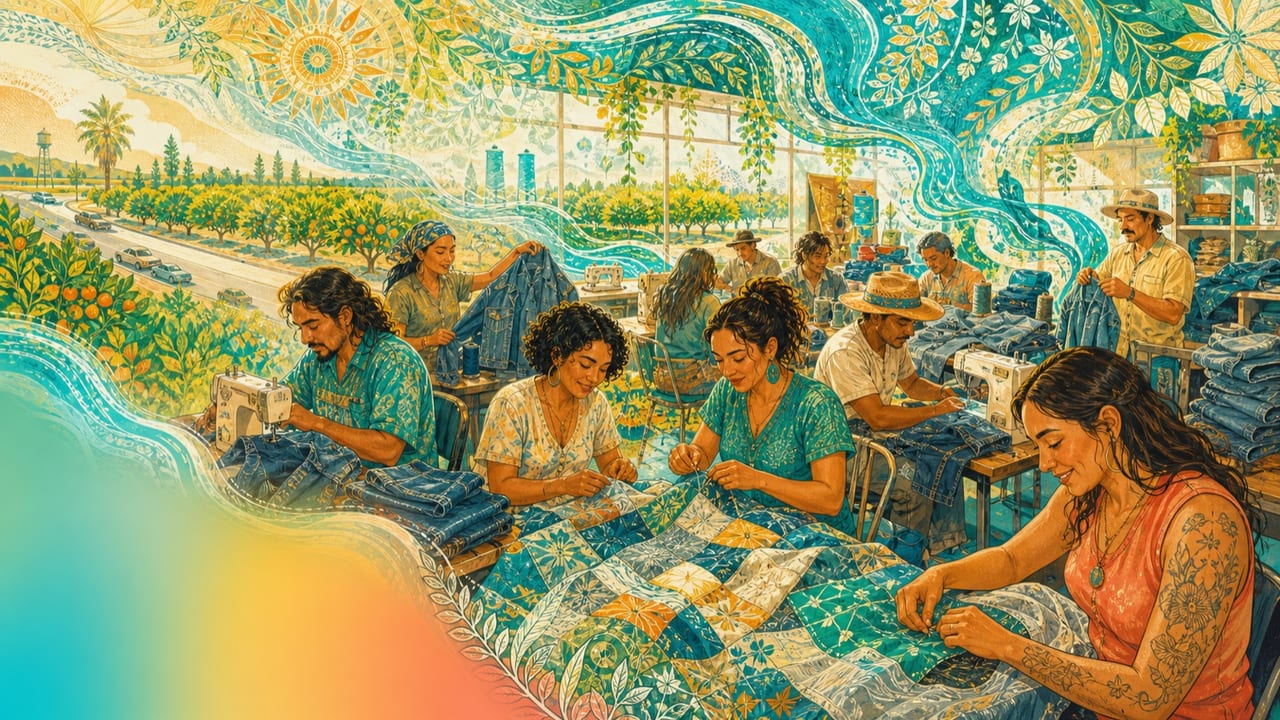 Pandenim — Adults in a brilliant Central Valley sewing room transform worn blue denim into quilts and workwear as fabric waves become rivers and sky