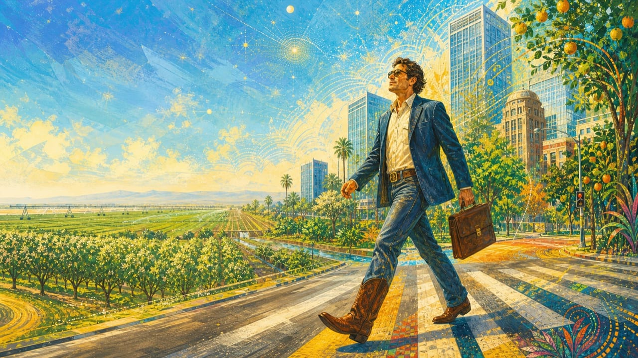 Business Casual — A confident illustrated office worker in cowboy boots crosses a Merced street where glass towers dissolve into orchards and fields