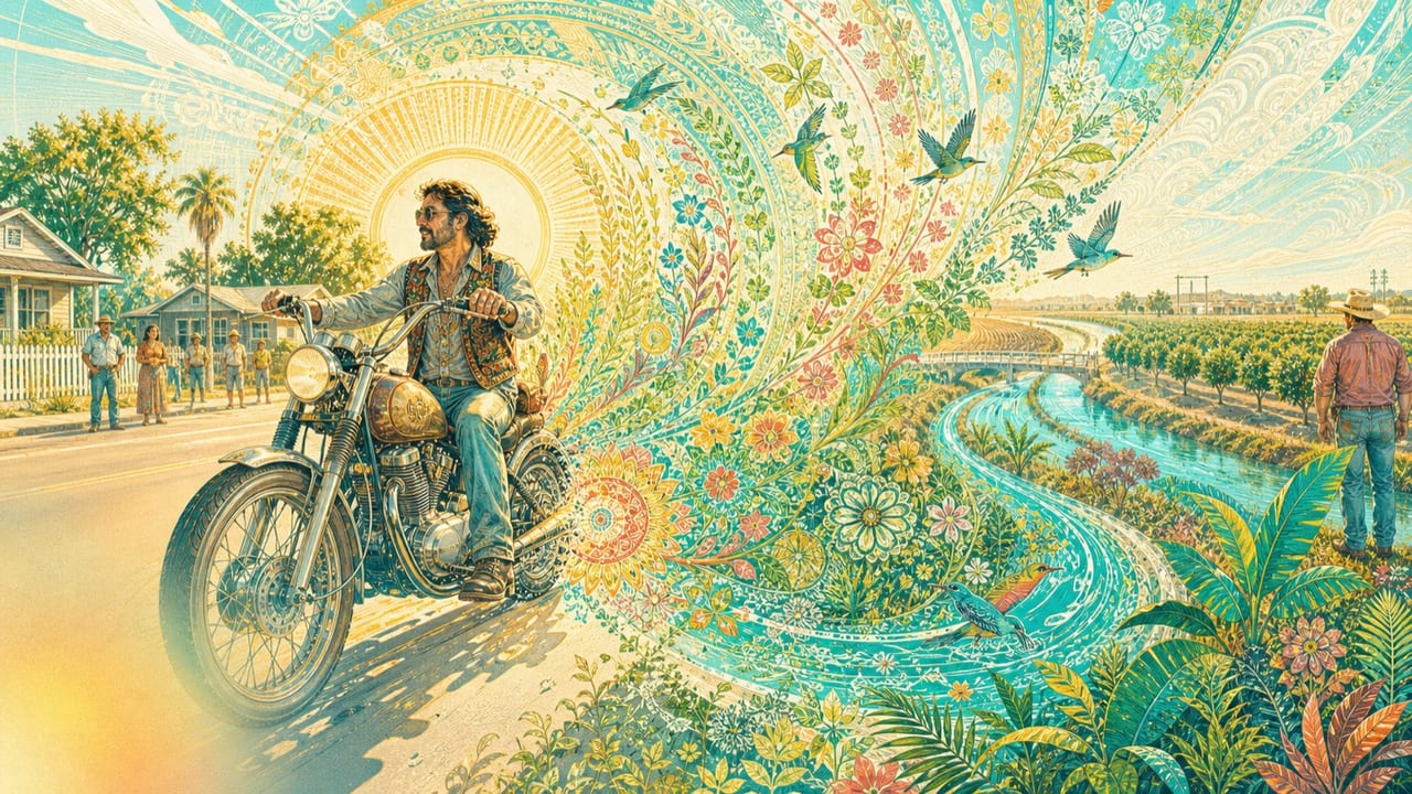 Rev — An adult motorcycle preacher revs a vintage bike on a brilliant Central Valley frontage road as engine vibrations become rings of flowers and birds Rev — An adult motorcycle preacher revs a vintage bike on a brilliant Central Valley frontage road as engine vibrations become rings of flowers and birds