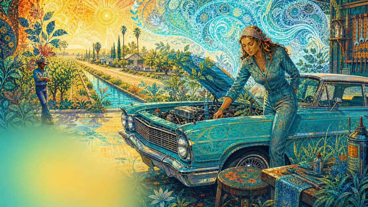 She's So Cool She's Hot — A confident adult woman mechanic works in a bright Merced garage where cool turquoise shadows meet radiant coral and gold heat patterns