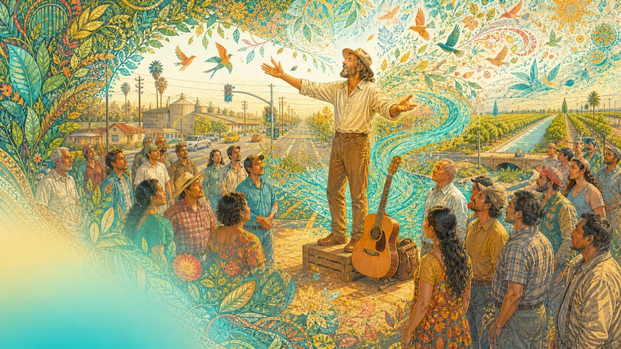 Preach — An adult road-worn folk preacher speaks warmly from a wooden crate at a bright Central Valley crossroads as his words become birds, seeds and river light Preach — An adult road-worn folk preacher speaks warmly from a wooden crate at a bright Central Valley crossroads as his words become birds, seeds and river light