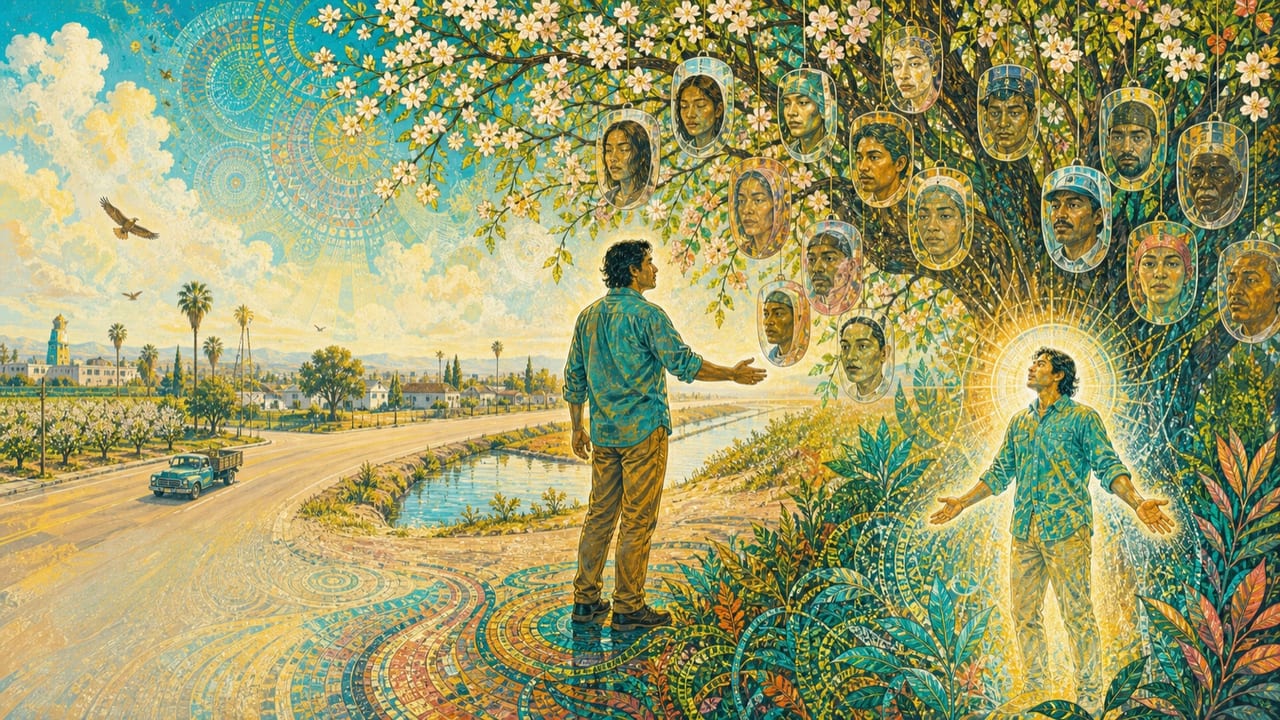 The Only They Is You — An adult figure encounters many translucent social masks in a flowering orchard and steps forward as a radiant authentic self