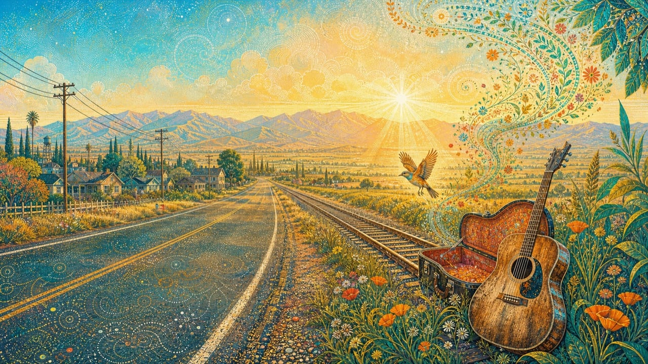 Coda — An empty Central California highway and railroad meet the sunrise beside a weathered guitar, an open case, a rising bird and a spiral of flowers