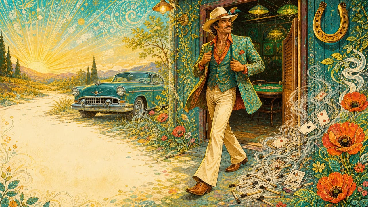 Don’t Burn Mister Lucky — A flamboyant adult gambler steps from a small Merced card room into sunrise as spent matches and cooling cards transform into poppies