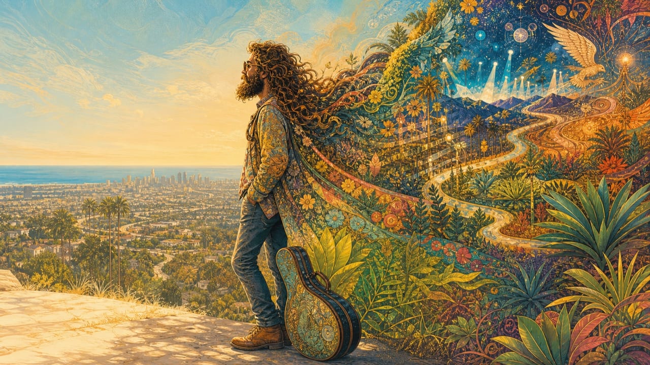 Behind the Beard — A layered illustrated bearded musician above Los Angeles with roads, stage lights and hidden botanical worlds flowing behind him