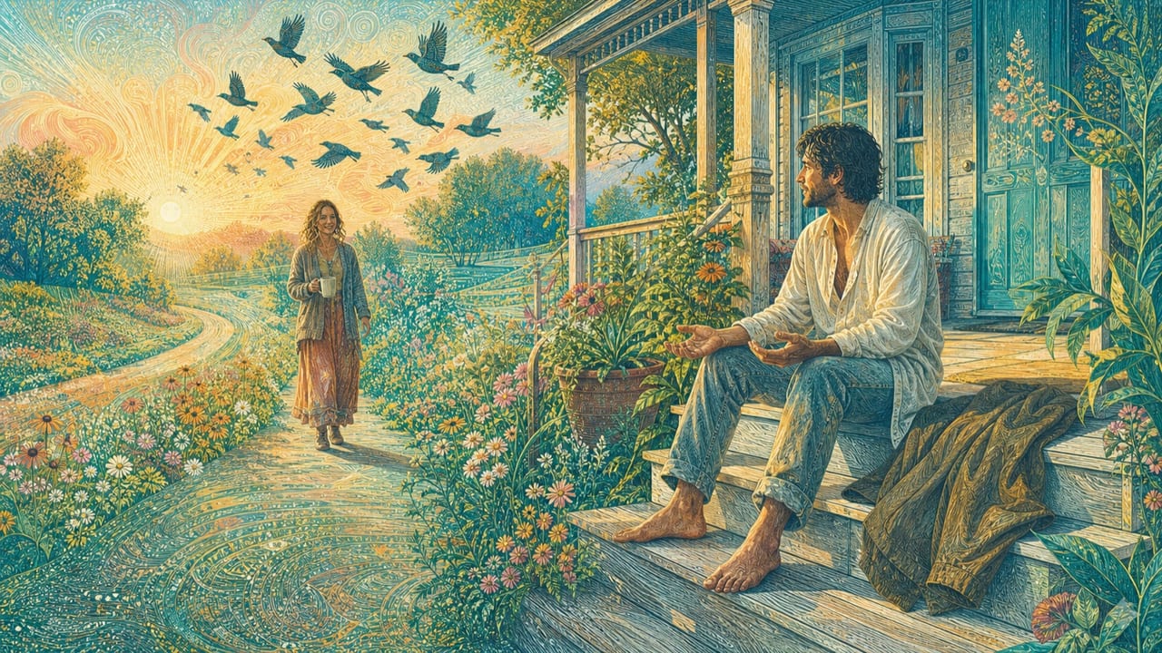 Don't Be Scared of Me — A battle-weary adult traveler rests with open hands on a flower-filled Merced porch as a neighbor approaches with coffee and dark birds fly into sunrise