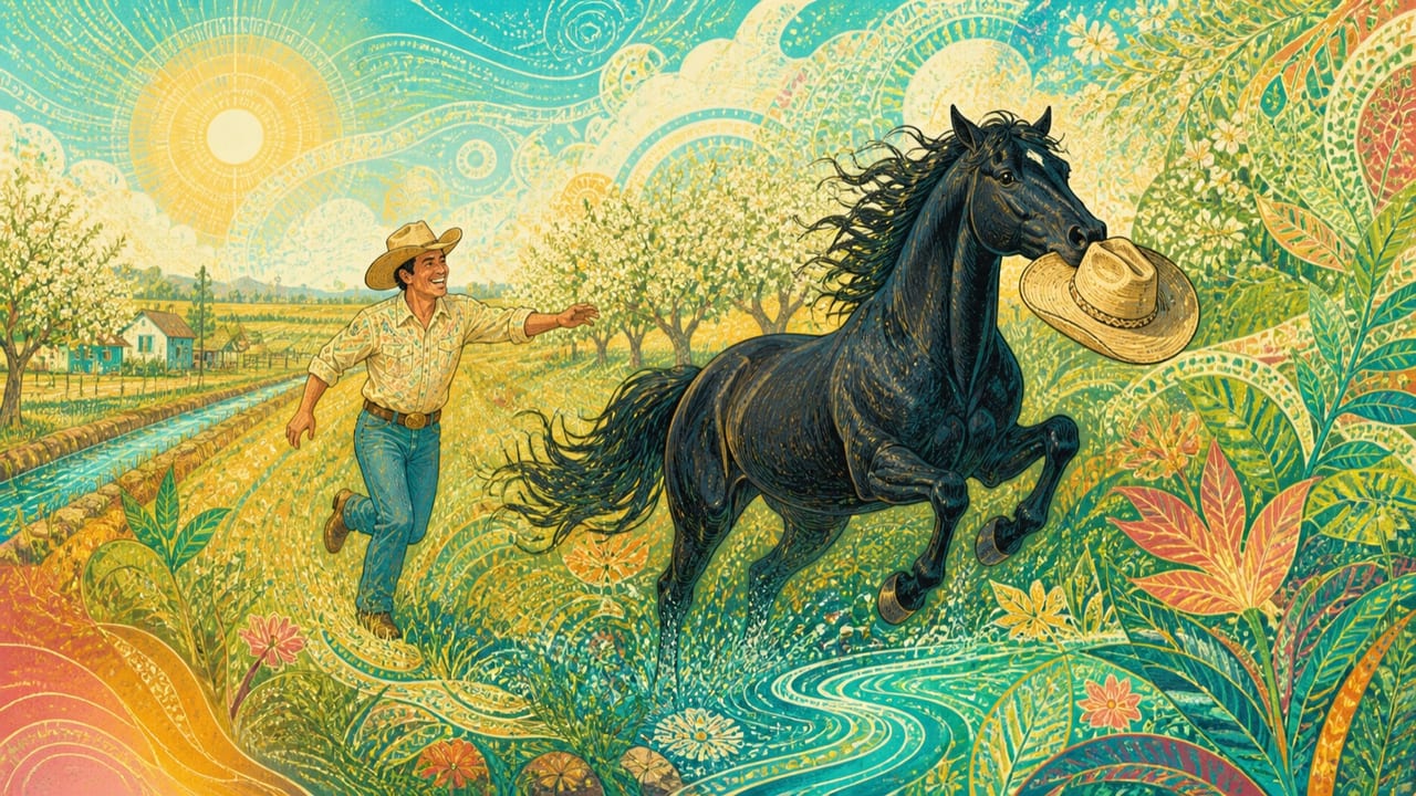 Rapscallion, the Black Stallion — A magnificent uninjured black stallion playfully steals an adult rancher’s hat and gallops through a radiant Central Valley pasture