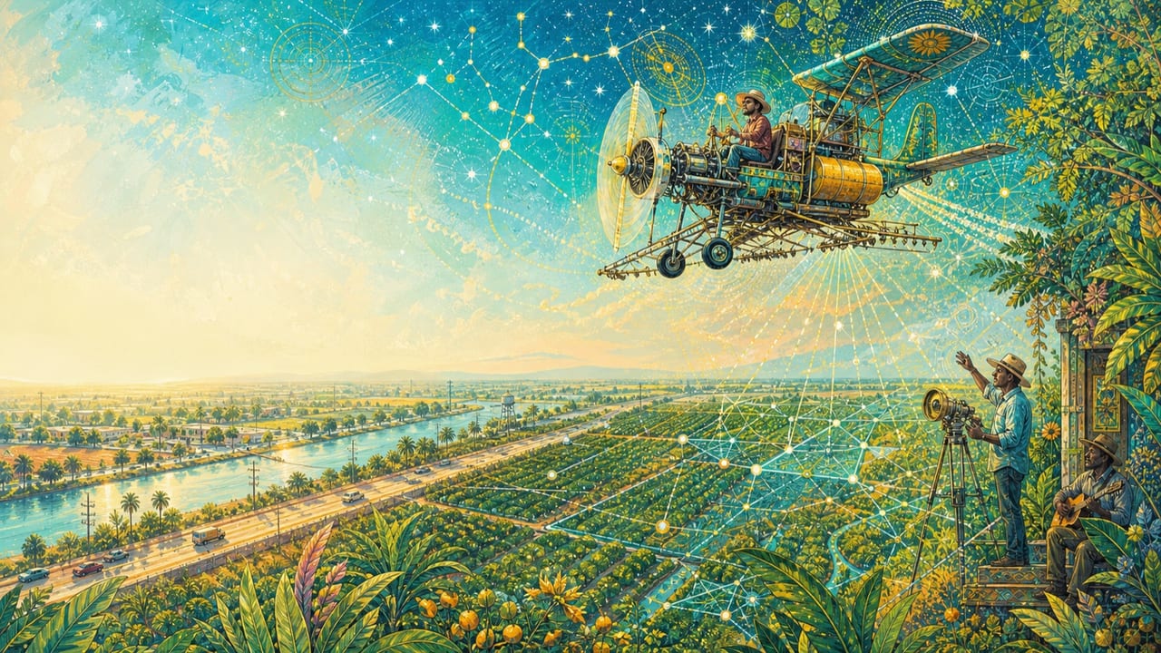 Starfield Commander — An adult amateur astronomer pilots a whimsical starship made from farm machinery above sunlit Central Valley orchards and luminous constellations