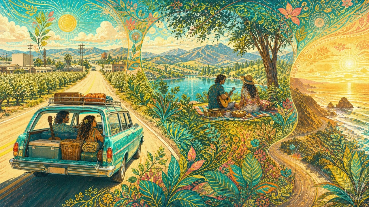 Long Weekend — An adult couple drives a turquoise station wagon from Merced through a lakeside picnic toward the glowing California coast across one long weekend