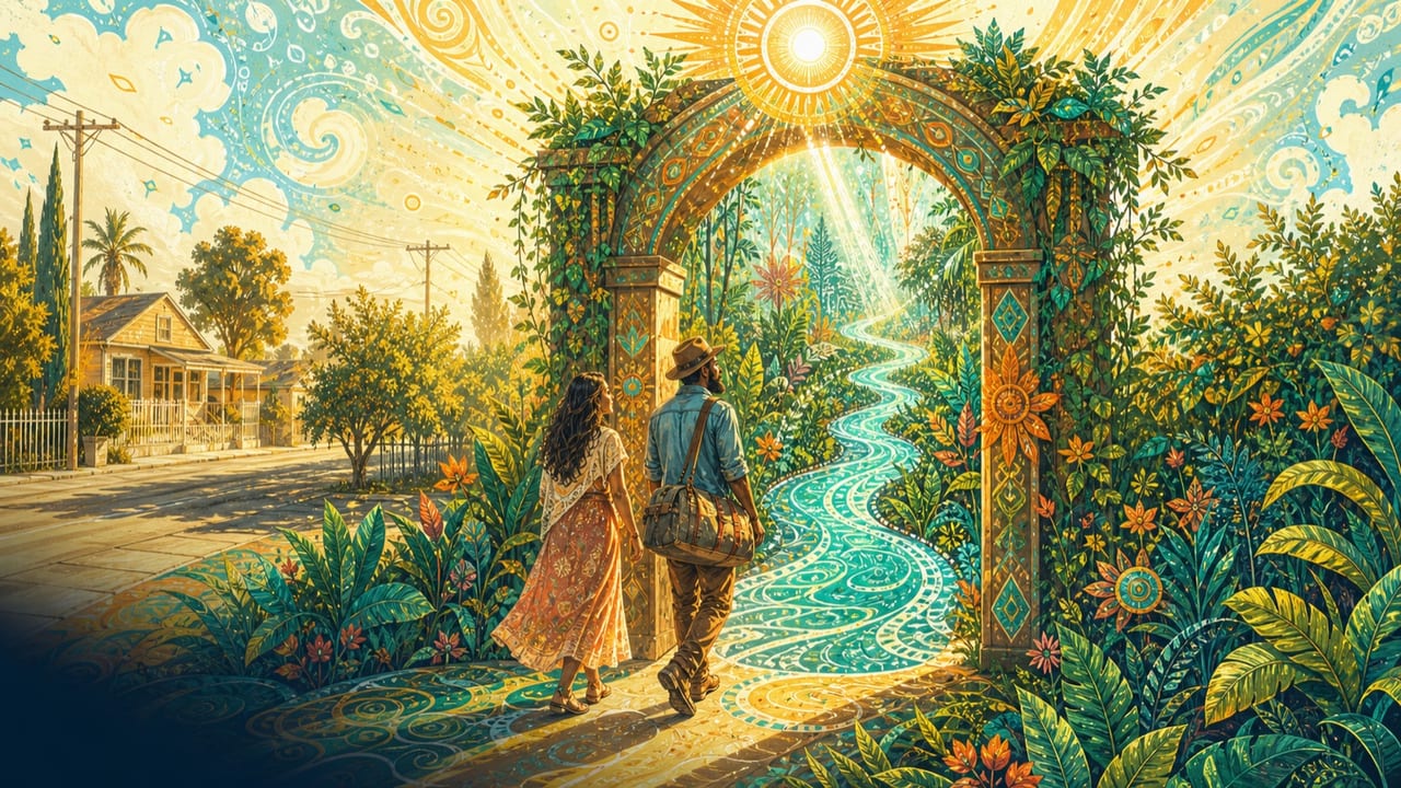 LA Entrada — Two adult travelers step through a sunlit botanical arch from a modest Merced street into a visionary garden and turquoise river path