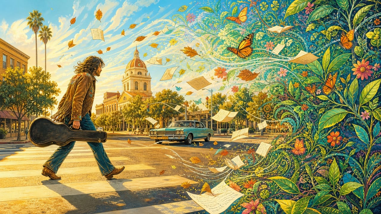 Blindsided — A brilliant illustrated Merced intersection where a startled guitarist is swept into a visionary storm of pages, butterflies and flowering vines Blindsided — A brilliant illustrated Merced intersection where a startled guitarist is swept into a visionary storm of pages, butterflies and flowering vines
