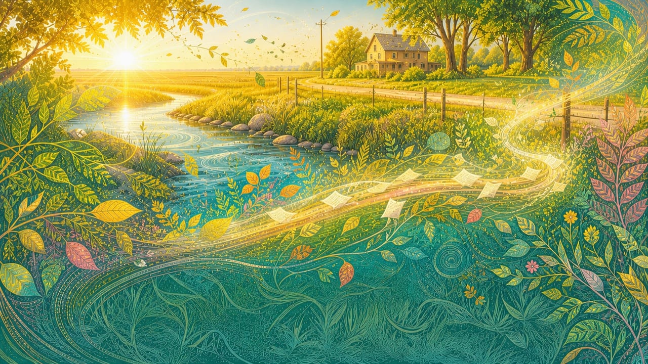 A Little Touch of the Familiar — A luminous illustrated Merced-area river landscape with a country road, house, leaves and pages carried on the wind