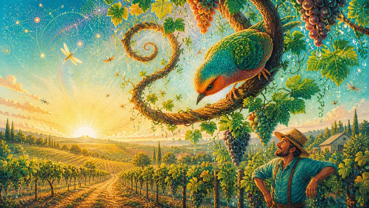 Early Bird Comes Crawlin’ Down the Vine — A fantastical friendly bird climbs down a spiraling grapevine at Central Valley sunrise while an adult vineyard worker looks up in delight