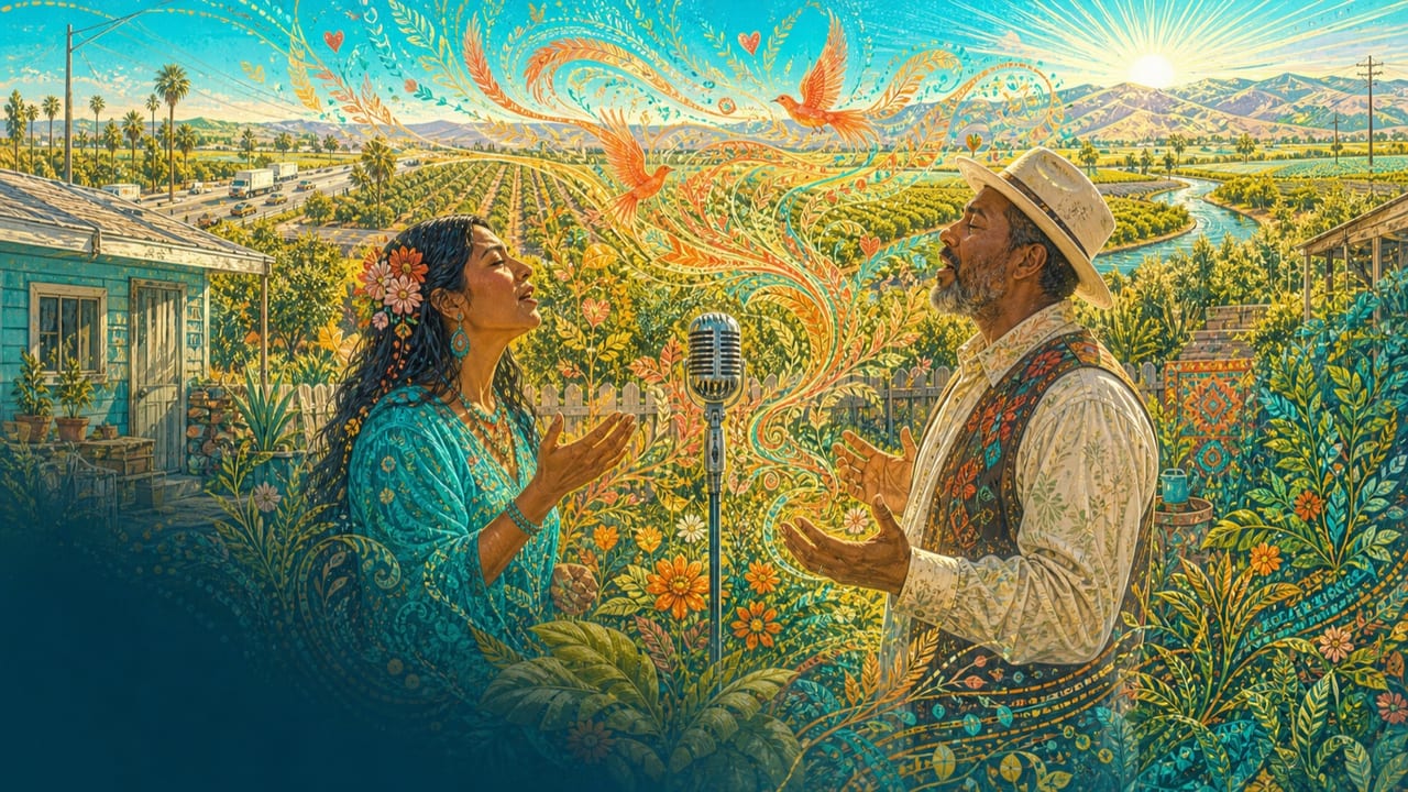Heart Song — Two adult singers meet across a vintage microphone as their music becomes radiant birds, flowering vines and river curves above a sunlit Central Valley garden