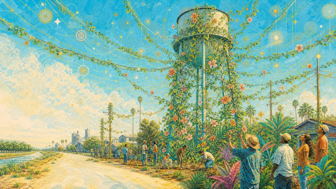 There's a Vine That Climbs Up High — A colossal flowering vine climbs a Merced water tower and turns utility wires into a bright botanical constellation as adult neighbors tend its roots