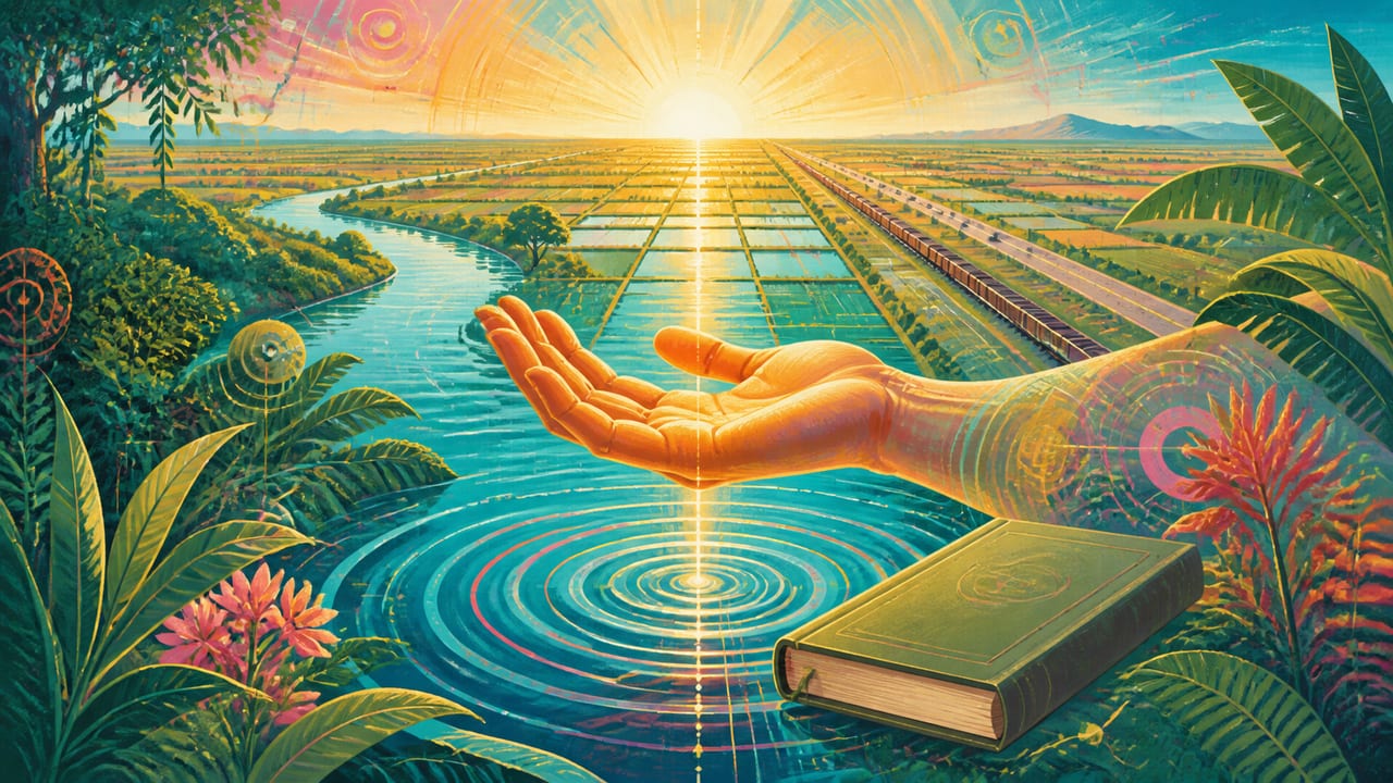 A luminous hand above river ripples and an unbranded book where Central Valley water meets rainforest foliage A luminous hand above river ripples and an unbranded book where Central Valley water meets rainforest foliage
