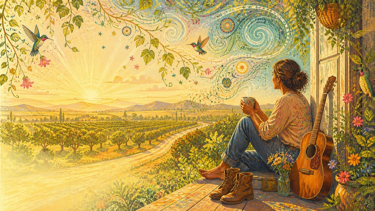 A Real Good Woman — A warm illustrated woman watching sunrise over a Central Valley orchard from a flower-filled porch