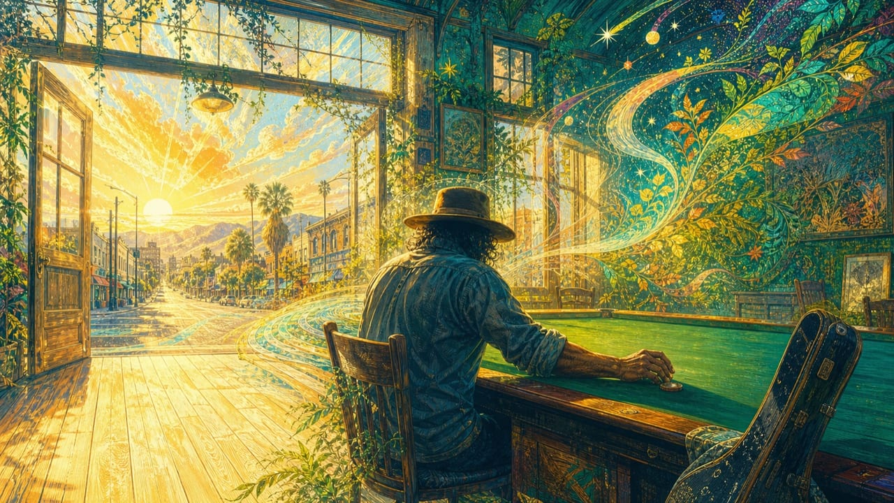 Back in the Game — A triumphant illustrated rambling musician returning to a sunlit Merced card room with an open road beyond