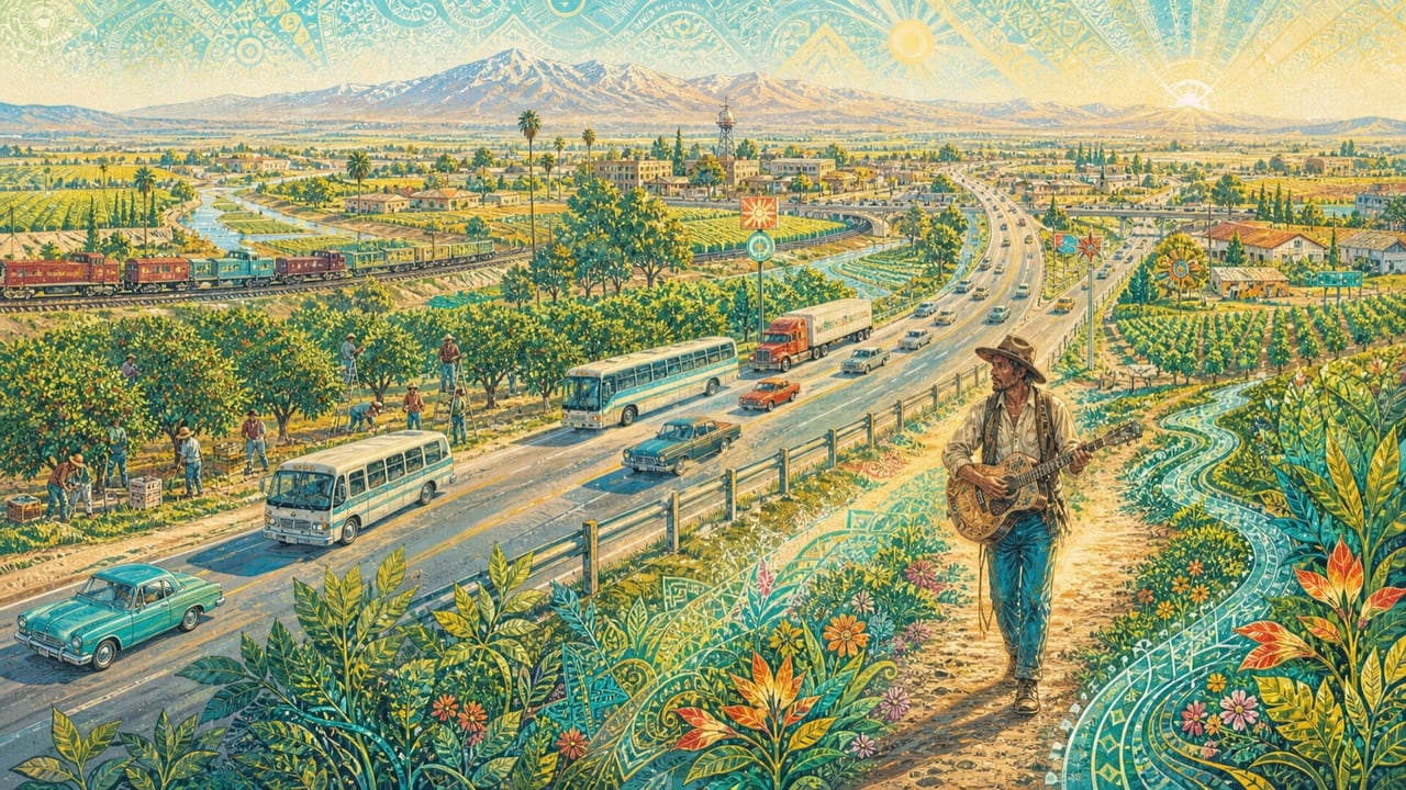 Highway 99 — Highway 99 sweeps through bright Merced orchards beside freight trains, farmworker buses and working roads as an adult rambling musician walks the frontage lane