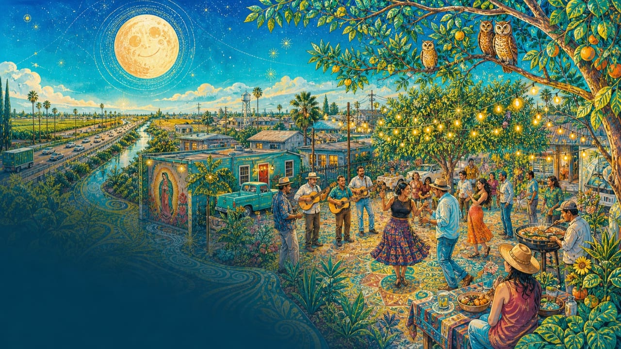 Happy Moon — A brilliant full moon shines over a joyful Merced orchard block party where adults dance, cook and play guitars beneath citrus trees and string lights