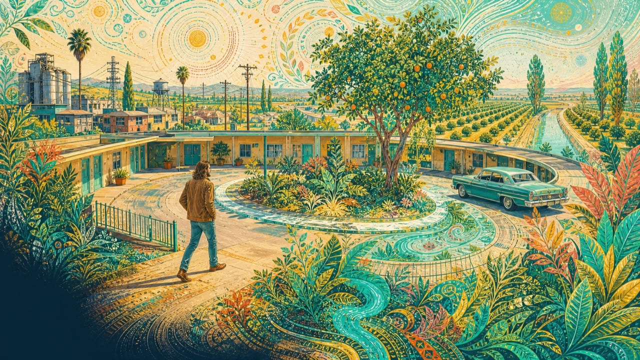 No Escaping from This Place — An adult traveler walks a surreal sunny Merced motel courtyard where roads, fences and canals loop playfully back to the same garden