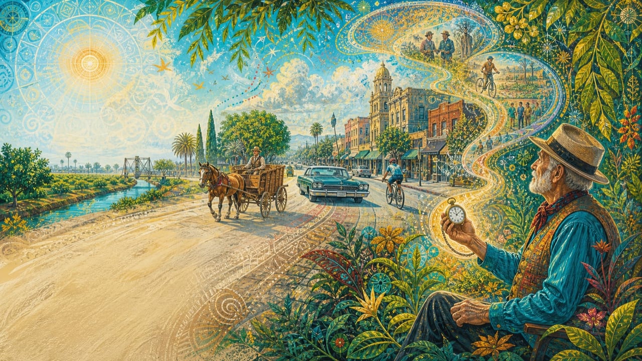 There Once Was a Time — A sunlit Merced main street carries a horse cart, a vintage sedan and a modern bicycle through layered eras while an older storyteller holds a pocket watch
