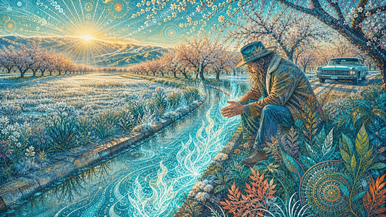 Cold Fire — A rambling adult warms his hands beside impossible blue-white flames blooming through a frost-bright Merced orchard canal at sunrise Cold Fire — A rambling adult warms his hands beside impossible blue-white flames blooming through a frost-bright Merced orchard canal at sunrise
