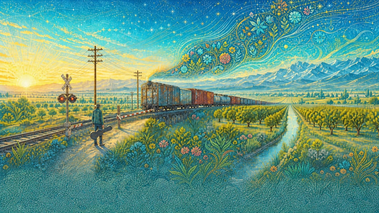 Slow Train Outta Nowhere — A luminous illustrated freight train crossing the Central California valley at dawn
