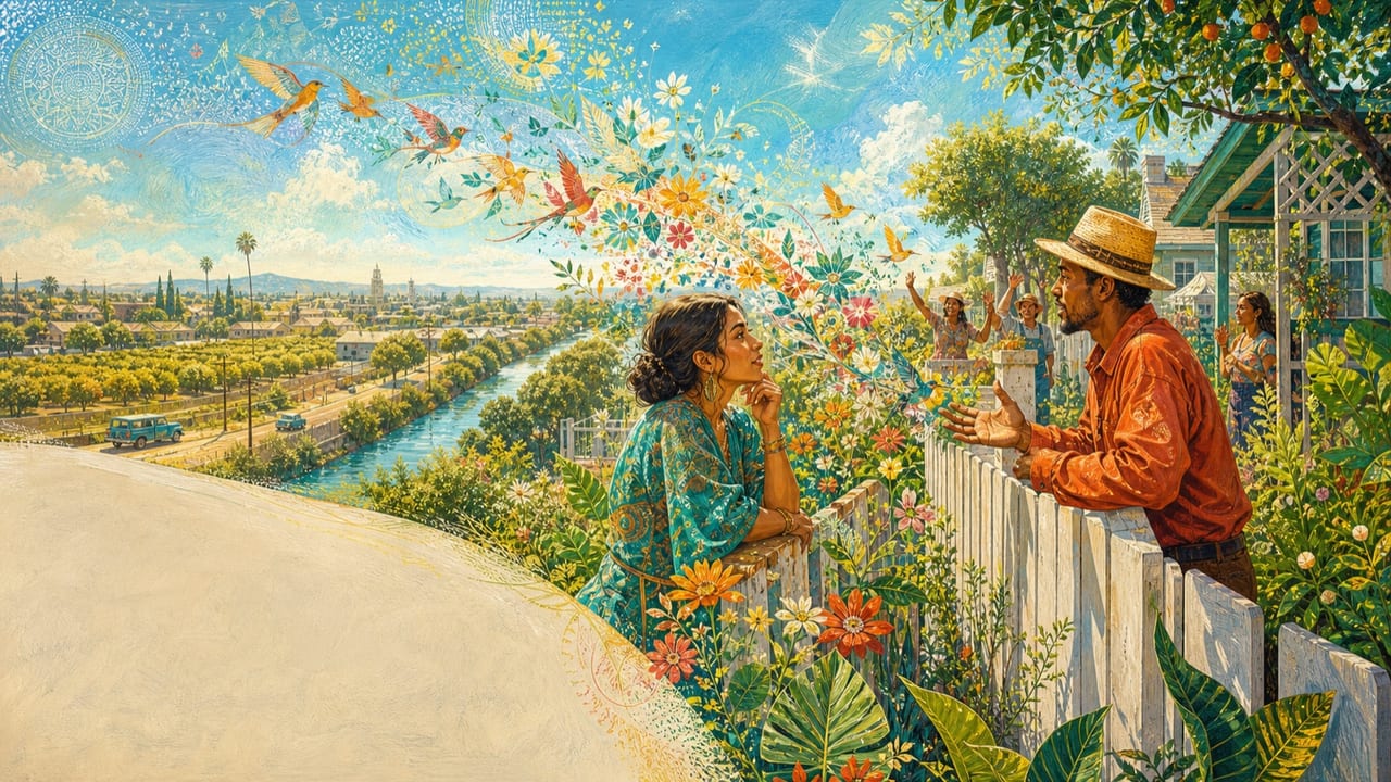 They Told Me Not to Talk to You — Two adults converse across a bright Merced backyard fence as birds and flowers sail freely over the barrier despite distant disapproval