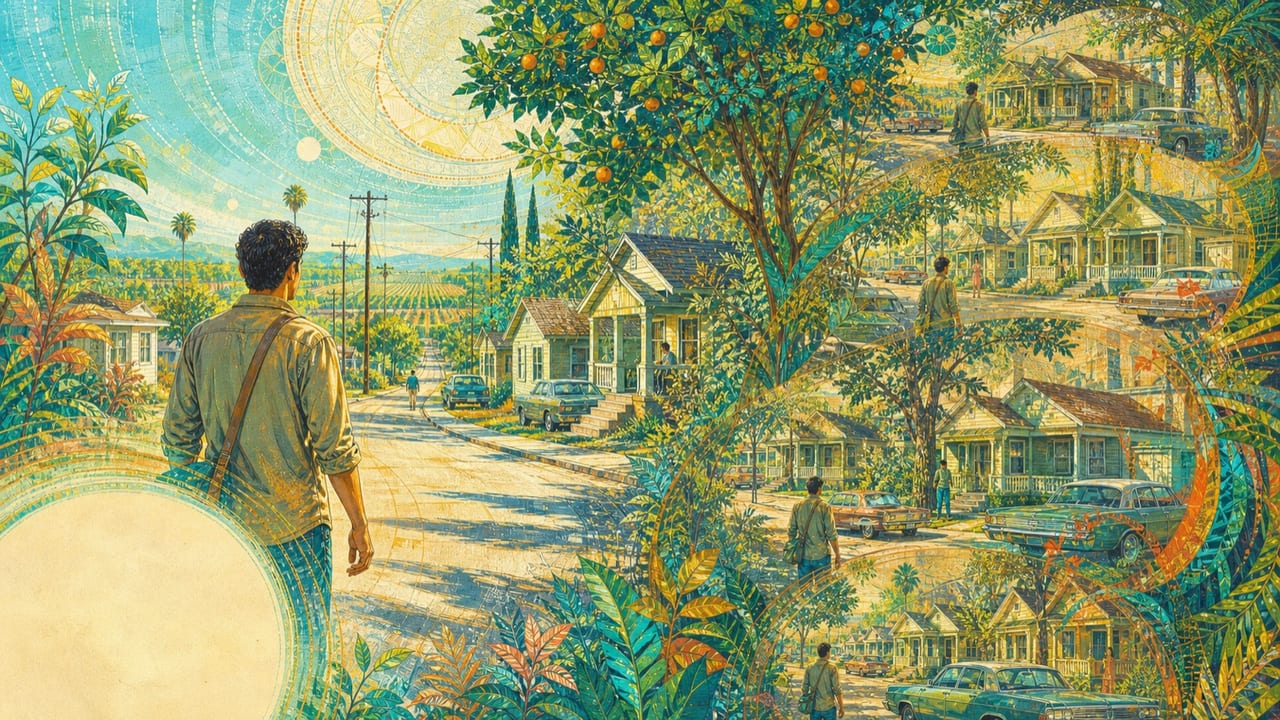 Too Familiar — An adult traveler returns to a childhood Central Valley street where porches, trees and vintage cars echo in overlapping shapes of affectionate déjà vu