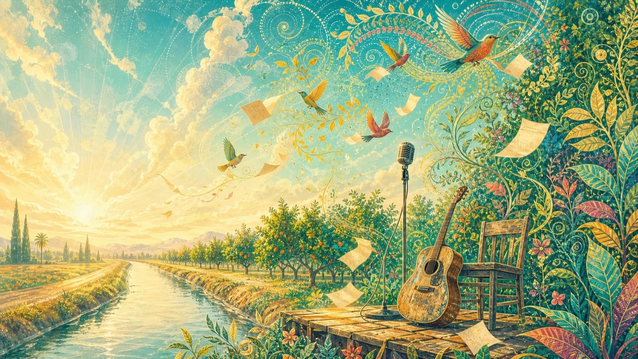 Another Song I’ll Never Sing — A poetic illustrated empty stage beside a Central Valley canal with a microphone, guitar and pages carried skyward by birds