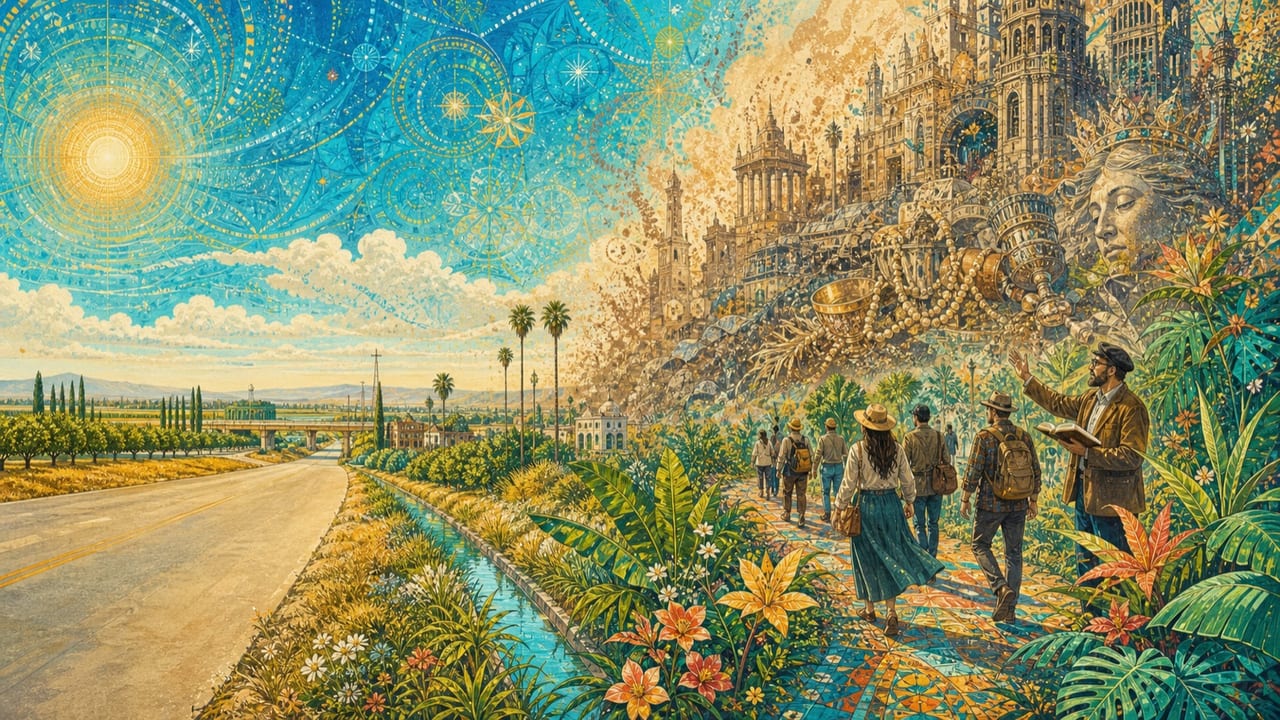 Whore of Babylon — An opulent symbolic city of crowns and goblets dissolves beyond a bright Central Valley road as an adult street preacher and travelers choose a humble flowering path